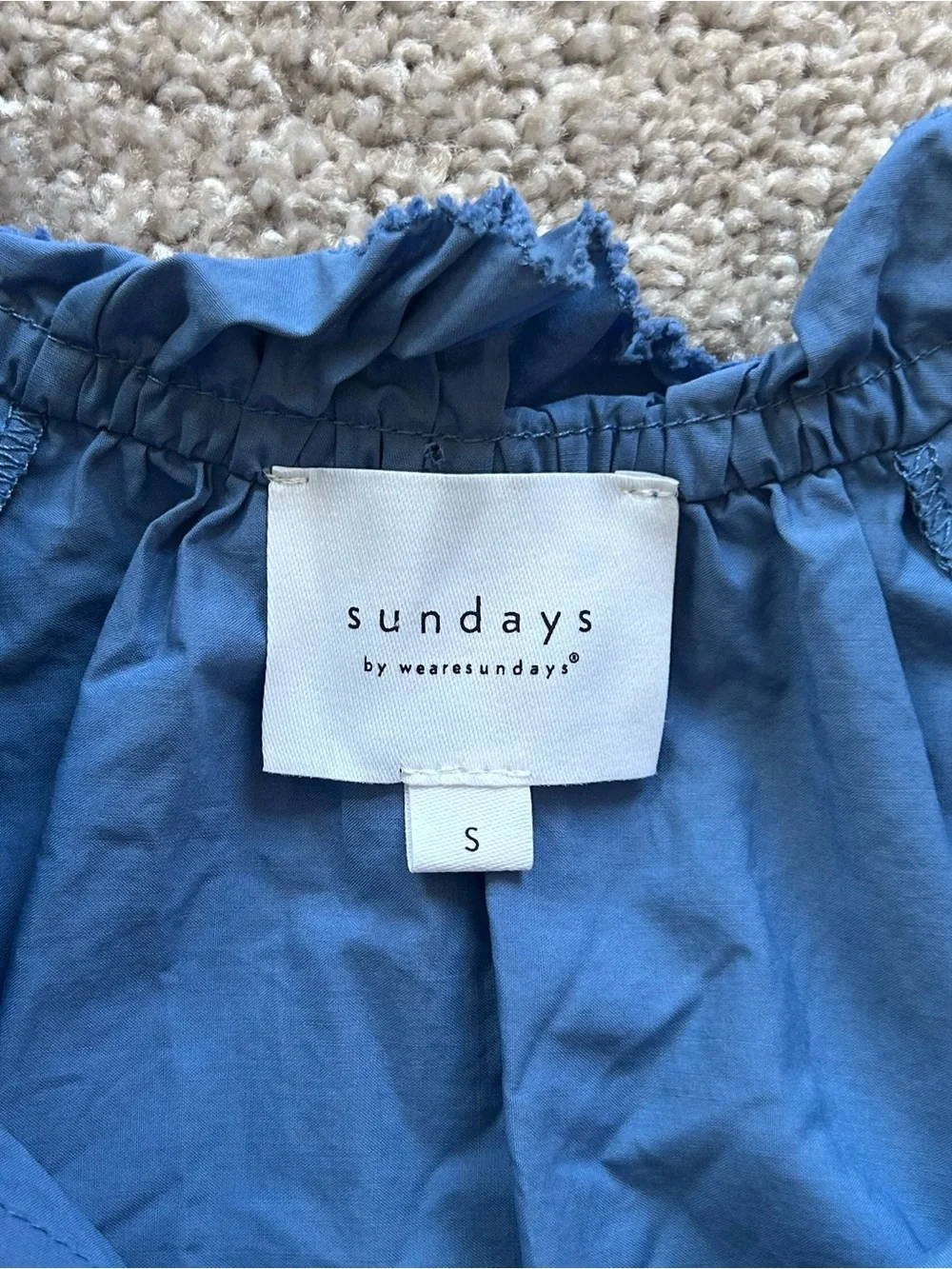 SUNDAYS Blue Eyelet Embroidered Ruffle Neck Top Small (AS IS Tear under arm)